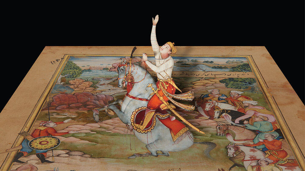 A digitally modified version of a 16th-century manuscript painting from what is now Pakistan showing a young man on a horse with his right arm extended toward the sky.